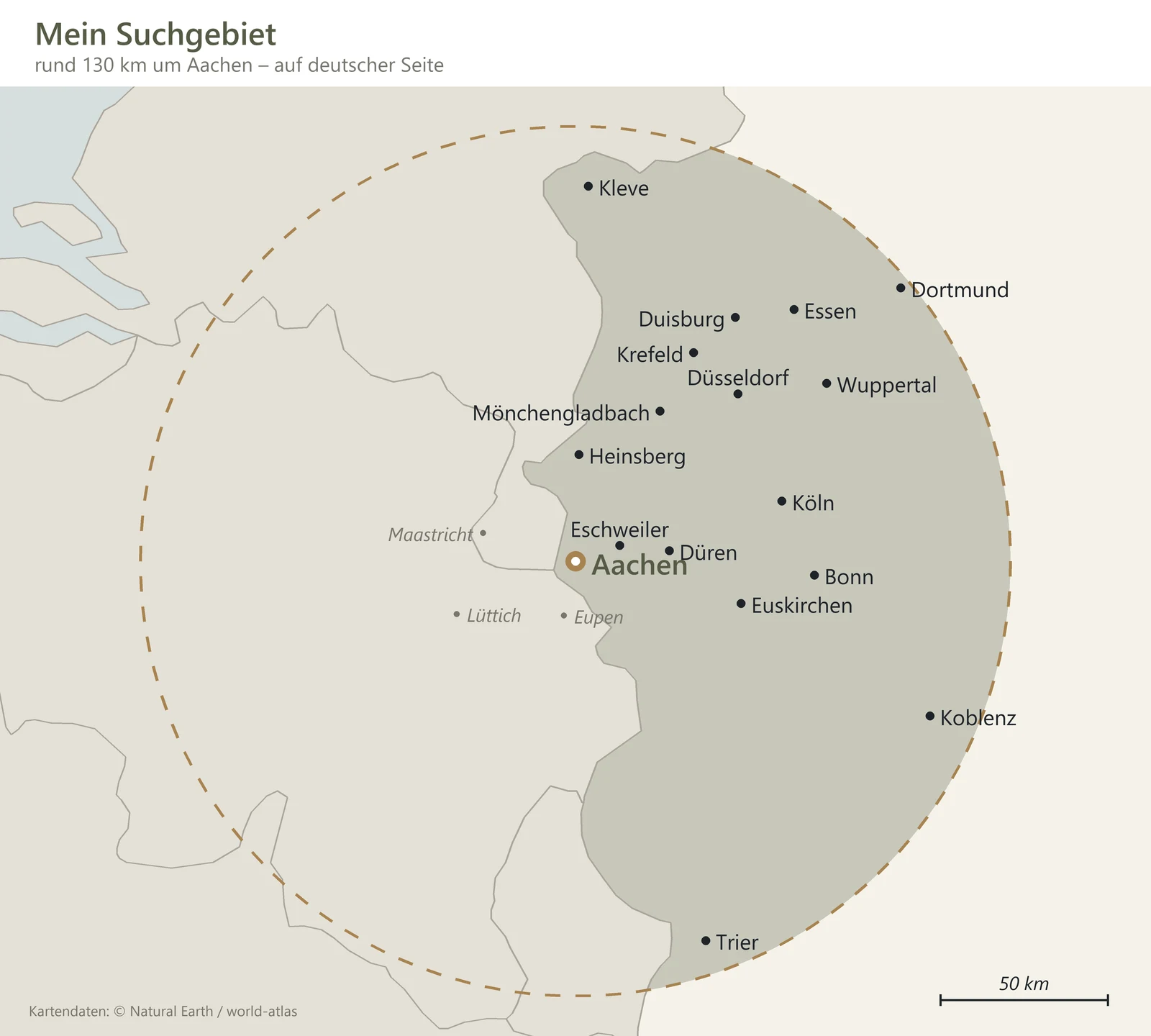 Karte: Suchgebiet rund 130 km um Aachen auf deutscher Seite, unter anderem Köln, Bonn, Düsseldorf, Duisburg, Essen, Dortmund, Mönchengladbach, Koblenz und Trier